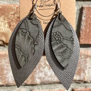 Long Leaf Grey & Flower Grey Print Embossed Leaf Colors Faux Leather Earrings